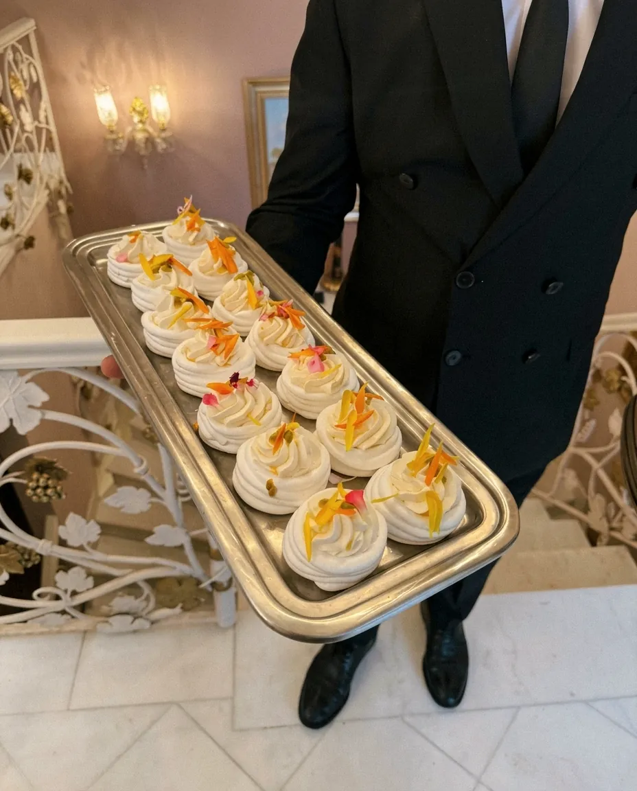 Bir davette pavlova tepsisiyle servis