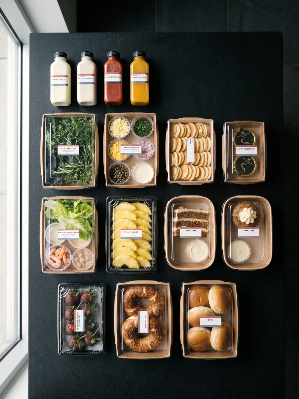 Uçuş catering kutuları, meyve suları ve ekmekler